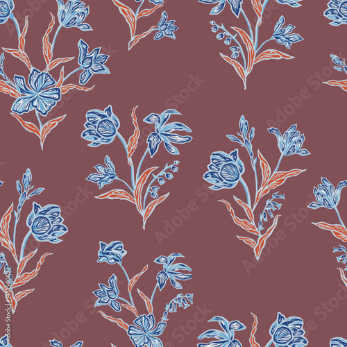 Seamless vector pattern featuring delicately sketched floral motifs in blue and orange on a deep maroon background