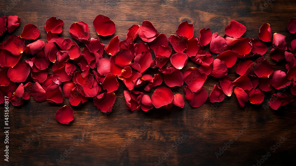 Red rose petals, wood background, romance