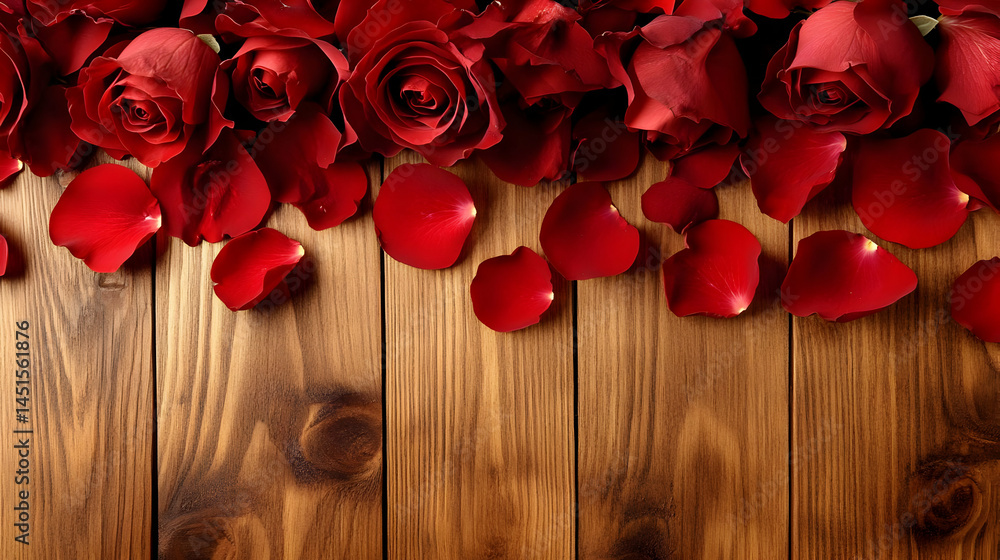 Red roses, petals, wood, love, romance, background, Valentine's
