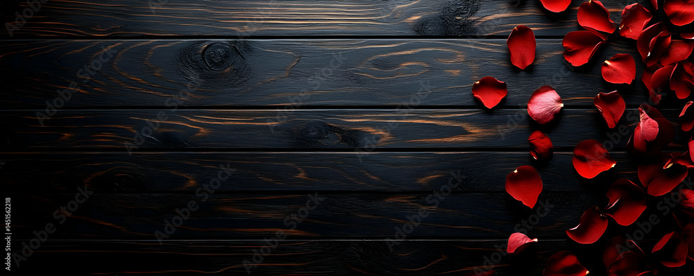 Red rose petals on wood. Romantic background
