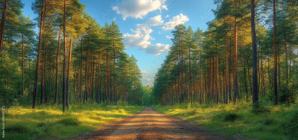 Sunlit Pine Forest Path: A Serene Summer Day