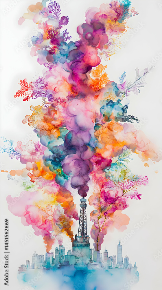 Colorful pollution blooms over city