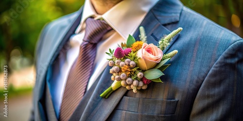 Surreal Wedding Boutonniere: Soft Focus Groom's Suit Detail - AI Generated Image