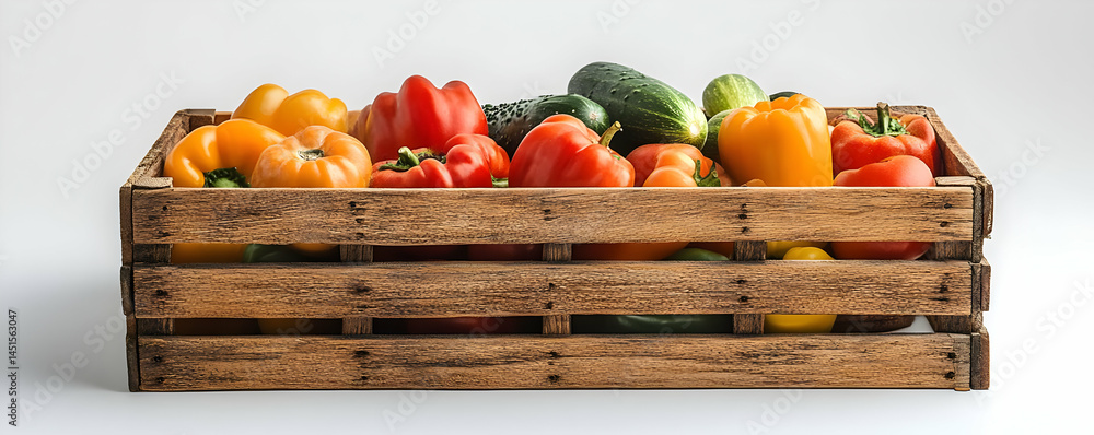 Colorful peppers and cucumbers in crate