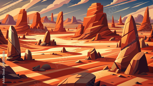 Scattered rock formations cast long shadows on the reddish desert floor