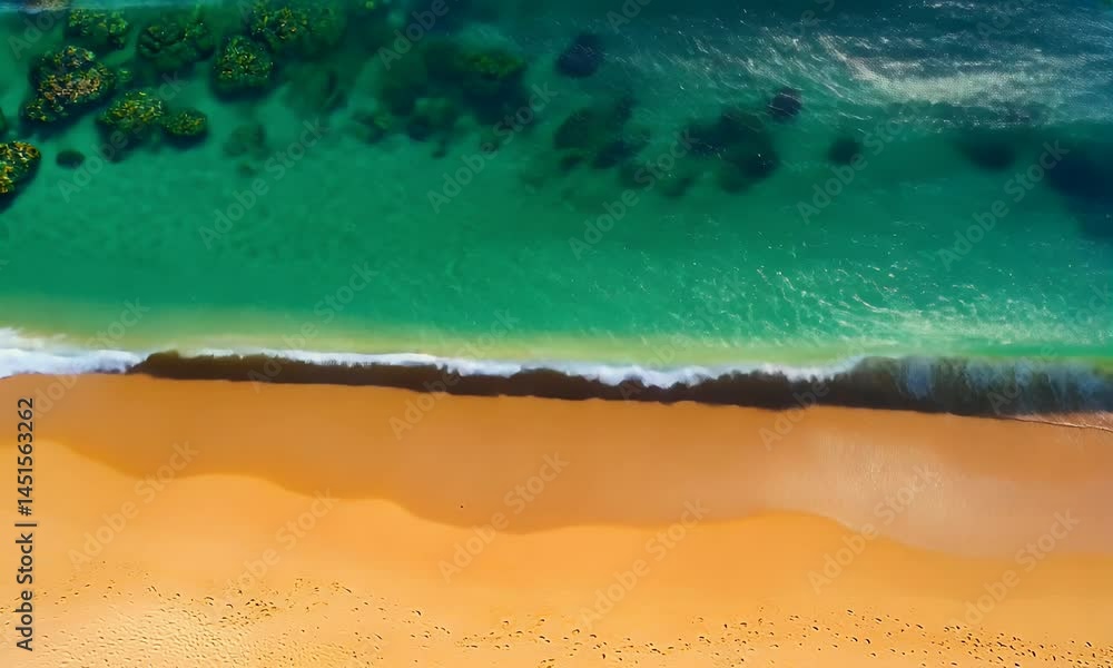 Aerial View of a Tranquil Beach with Turquoise Waters and Gentle Waves Along the Shoreline, Video Animation Aerial View of a Tranquil Beach with Turquoise Waters and Gentle Waves Along the Shoreline, Video Animation
