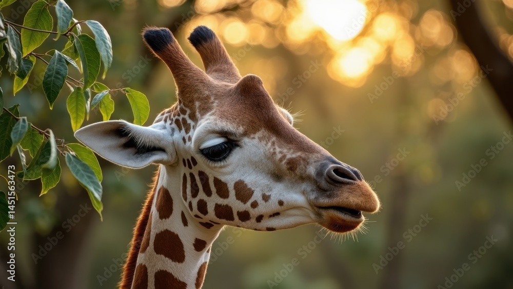 Close-up view of a giraffe enjoying acacia leaves, with soft morning sunlight filtering through trees. The giraffe gazes at the viewer, creating a warm connection.