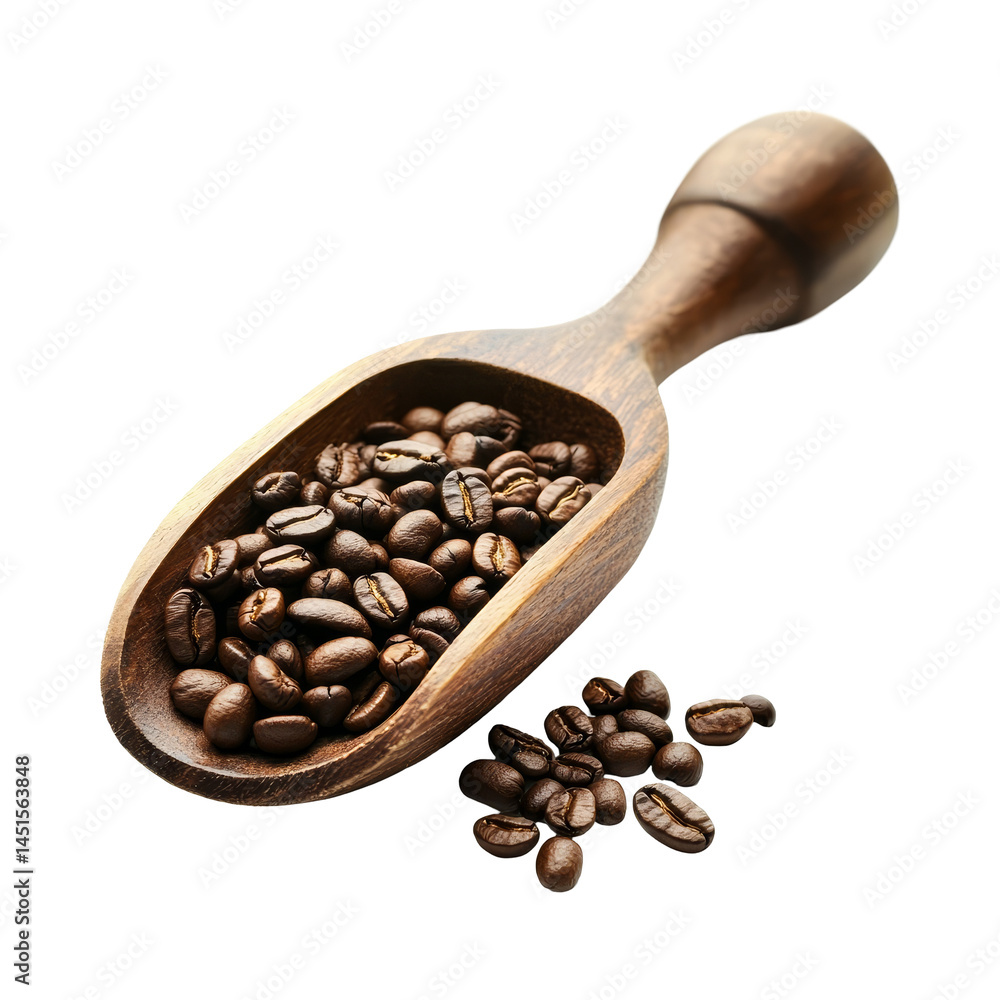 Obraz premium Freshly roasted coffee beans in a wooden scoop on a transparent background ready for brewing delicious beverages, Coffee beans on wooden scoop isolated on transparent background