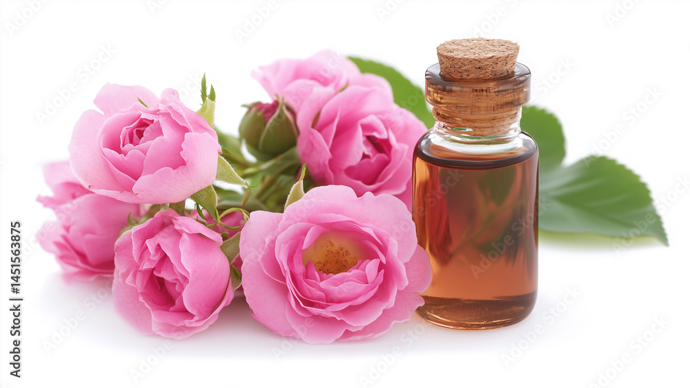 rose essential oil in bottle with cork stopper and flower rose essential oil in bottle with cork stopper and flower