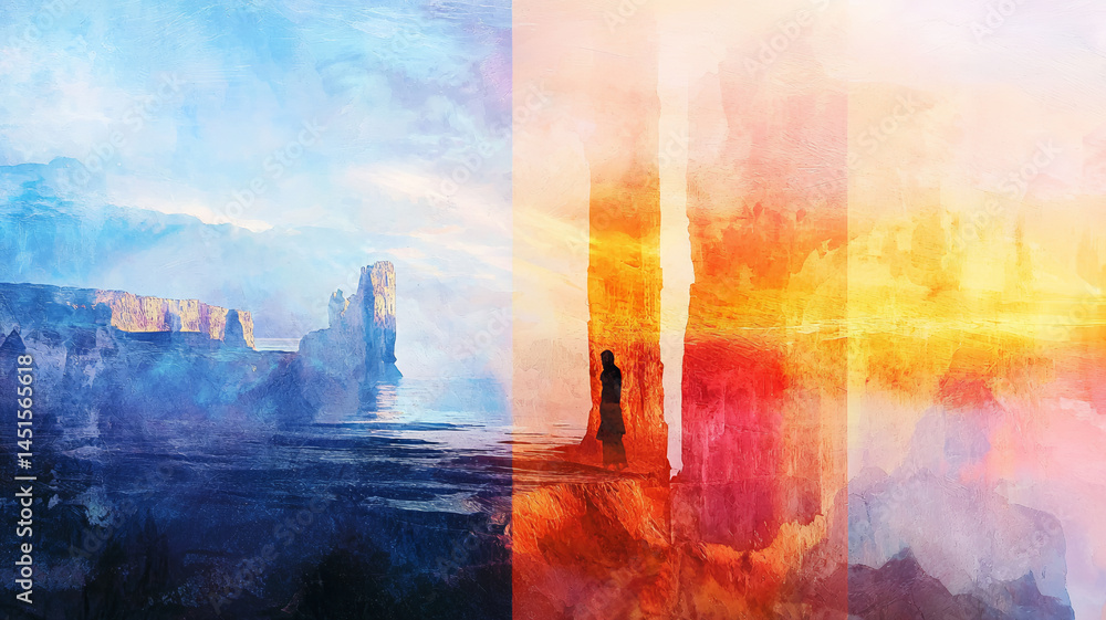 Fototapeta premium serene landscape featuring blend of vibrant colors and abstract forms, showcasing cliffs and figure by water