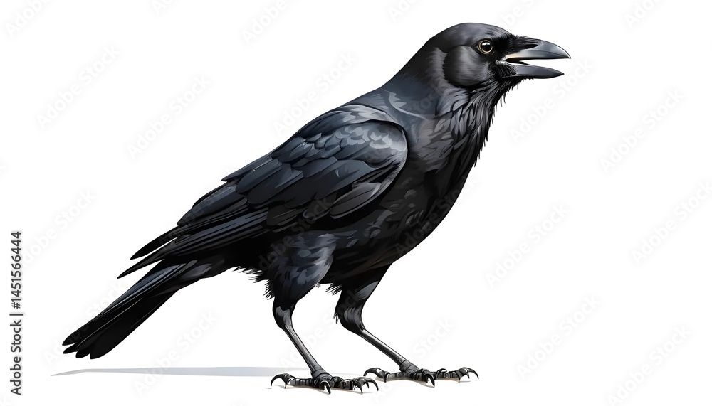 Fototapeta premium Closeup of a single black crow bird isolated on white background, feathers, beak, wild, wings, standing, nature, wildlife, raven, eyes, profile, animal, smart, intelligent, head, legs, tail, 
