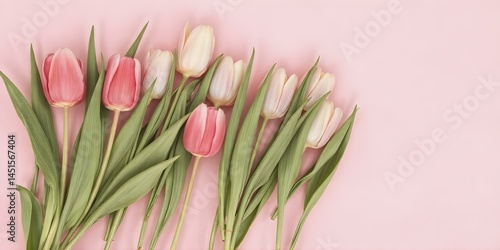 Delicate Tulip Bloom: A captivating bouquet of pink and white tulips, their vibrant petals gracefully arranged against a soft pink backdrop, exuding elegance and springtime charm.