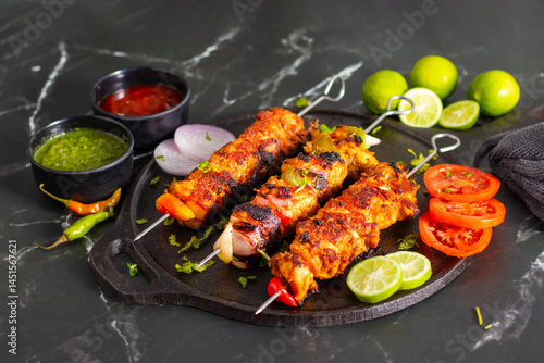 Tableau sur toile Grilled chicken skewers or chicken tikka kebab on a black plate with sliced tomatoes, onions, lime, green chutney, and ketchup, served on a dark marble background