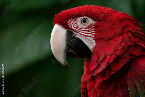 A close-up of a red parrot with vibrant plumage
