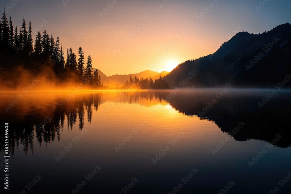 Serene mountain lake at sunrise reflecting a golden sky. Serene mountain lake at sunrise reflecting a golden sky.