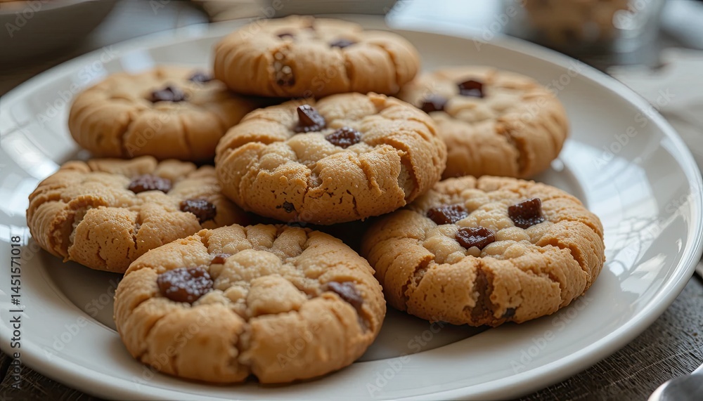 A plate of freshly baked chocolate chip cookies on a wooden table ready to be enjoyed as a snack A plate of freshly baked chocolate chip cookies on a wooden table ready to be enjoyed as a snack