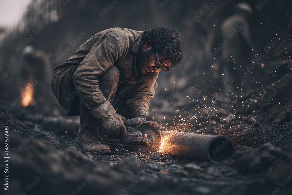 Workers engaged in heavy metal cutting with sparks flying in a dimly lit underground environment during a mining operation Workers engaged in heavy metal cutting with sparks flying in a dimly lit underground environment during a mining operation