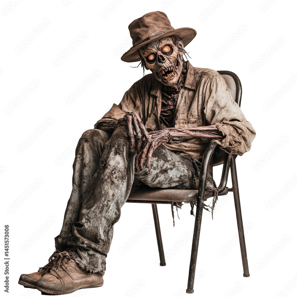 Fototapeta premium A creepy zombie in tattered clothes and a hat sits quietly in a metal chair during twilight, Scary zombie wearing hat and sitting in a chair on transparent background