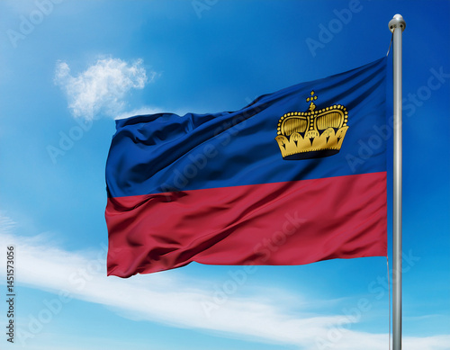 Liechtenstein flag waving in the wind with blue sky in background