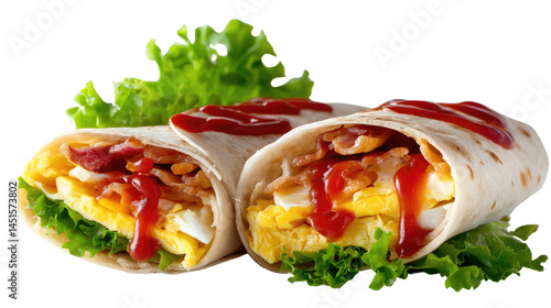 Savory Wrap Delight: A close-up shot of two delectable wraps, showcasing a symphony of flavors and textures, including a mix of fresh vegetables and sauces.