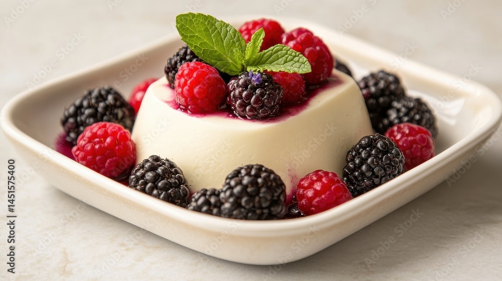 Creamy panna cotta topped with fresh raspberries and blackberries Creamy panna cotta topped with fresh raspberries and blackberries