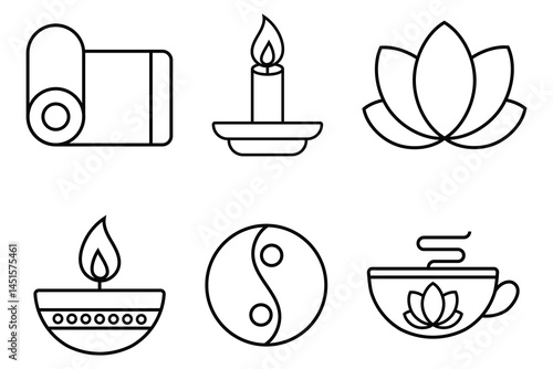 Vesak icon set. Buddha Purnima, Buddha Jayanti, Buddhism, Dharma, and more icons. Vesak vector icon stock illustration.