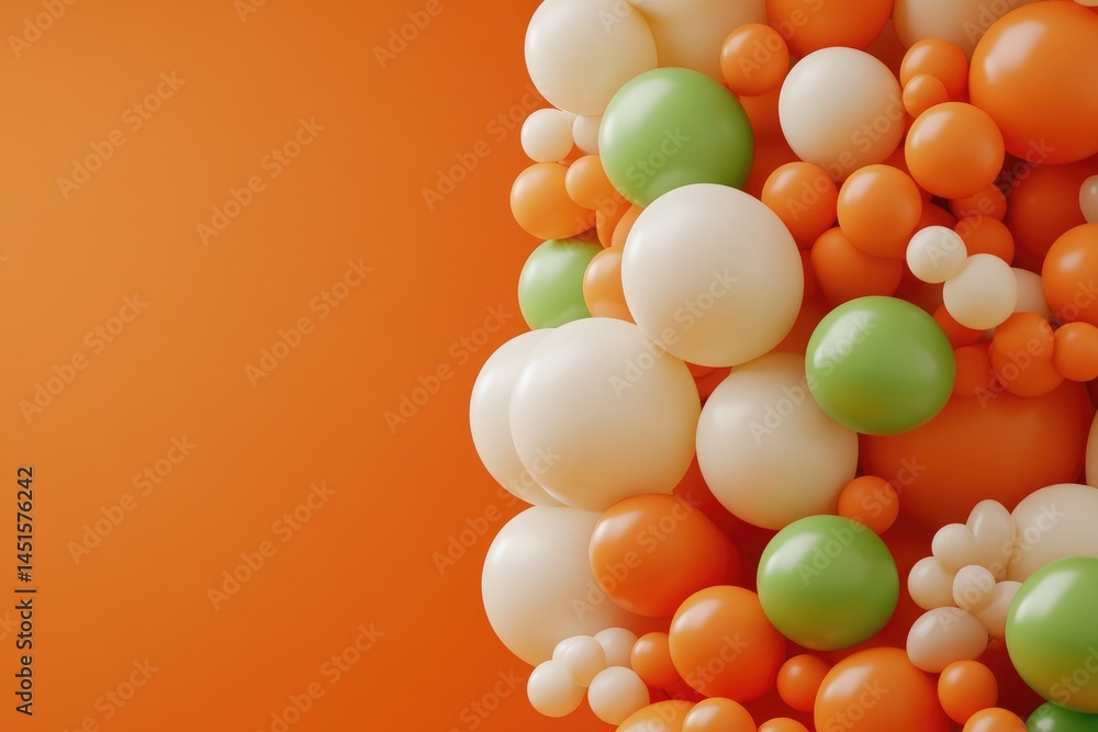 Abstract image of various sized spheres in orange, white, and light green against a burnt orange background Abstract image of various sized spheres in orange, white, and light green against a burnt orange background