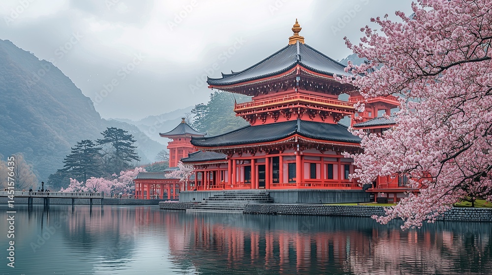 Fototapeta premium Asian temple background with cherry blossoms