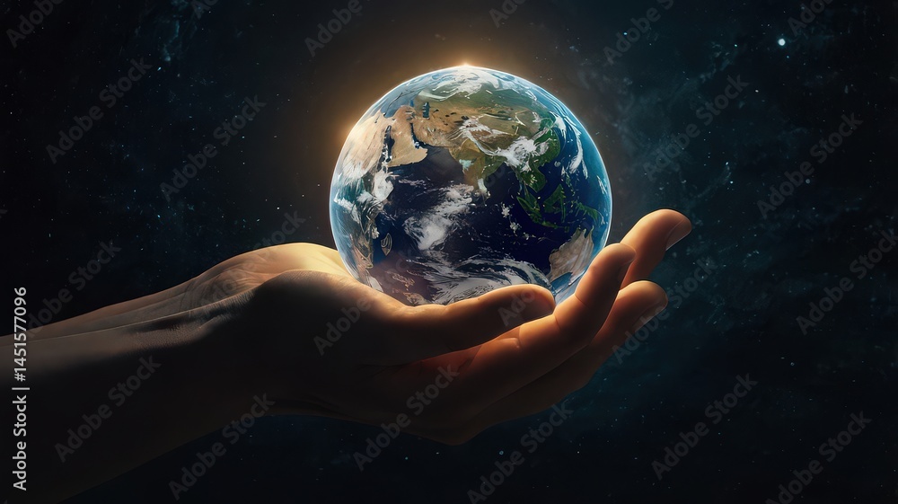 A hand holding the earth in space with stars and a glowing light above the planet illustration A hand holding the earth in space with stars and a glowing light above the planet illustration