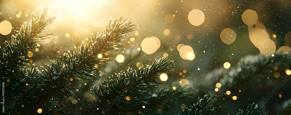 Snowy pine branches, winter bokeh. Holiday card Snowy pine branches, winter bokeh. Holiday card