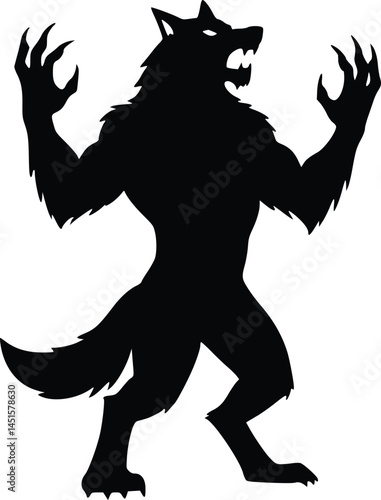 Silhouette illustration of a werewolf standing in a fierce pose with claws extended and mouth open as if howling or roaring, isolated vector illustration 