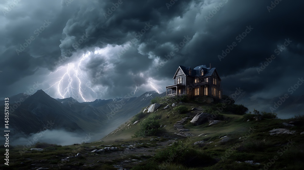 Fototapeta premium Eerie haunted architecture ghost house in forest spooky cinematic nighttime view of cursed building