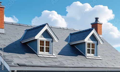 Modern gabled roof with chimneys and dormer windows against a cloudy blue sky