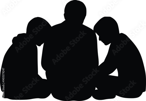 Silhouette illustration of three individuals seated closely together, with the central figure appearing larger, possibly an adult, while the two smaller figures face inward