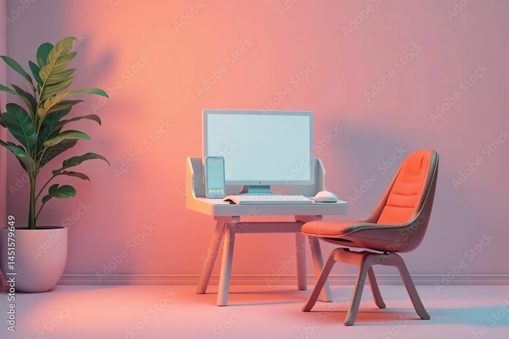Empty chair facing laptop, minimalist setting , distance learning, screen Empty chair facing laptop, minimalist setting , distance learning, screen