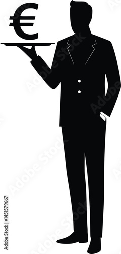 Silhouette illustration of a formally dressed individual holding a tray with the Euro currency symbol. isolated vector illustration 