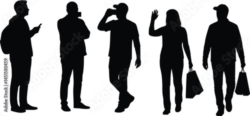 Silhouette illustration of five individuals in various poses one checking a phone, another standing with crossed arms, a third talking on phone, fourth and the fifth carrying shopping bags 