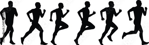 Silhouette illustration of a runner in six sequential phases, capturing the dynamic motion of a sprinting stride