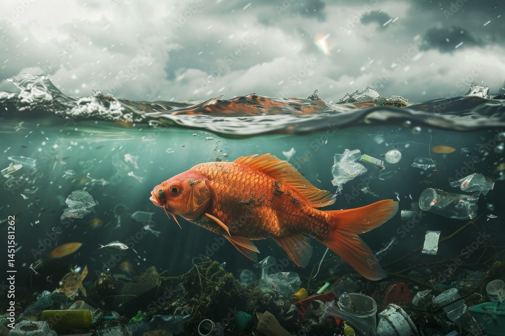 Obraz premium Goldfish Swimming in Polluted Water Under Overcast Sky