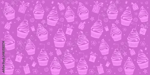 Happy birthday. Seamless wrapping paper. Menu design. Template for a baking shop, cafe. Seamless pattern with cupcakes. Horizontal banner. Vector Illustration