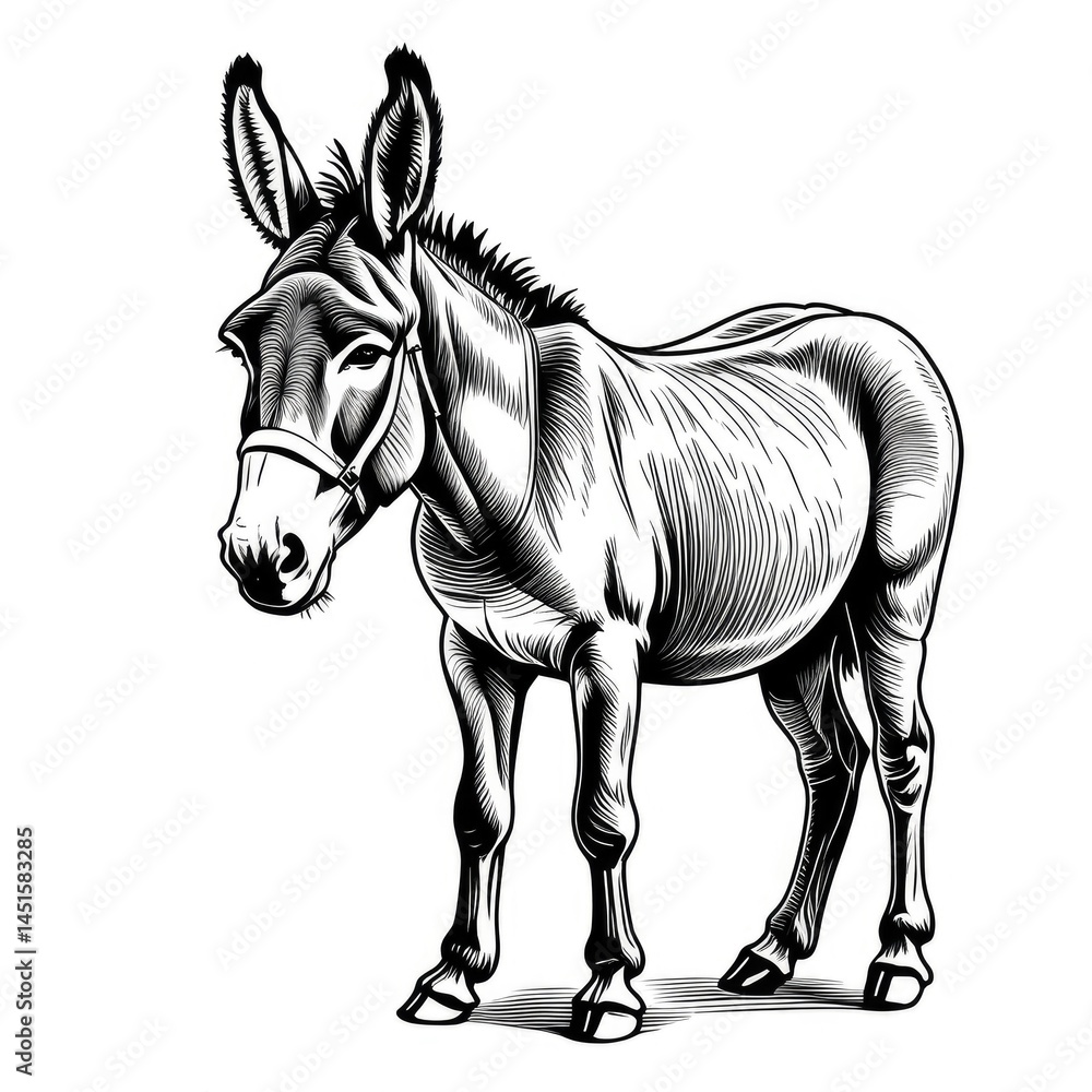 Fototapeta premium Intricate black and white donkey engraving showcasing detailed line art design
