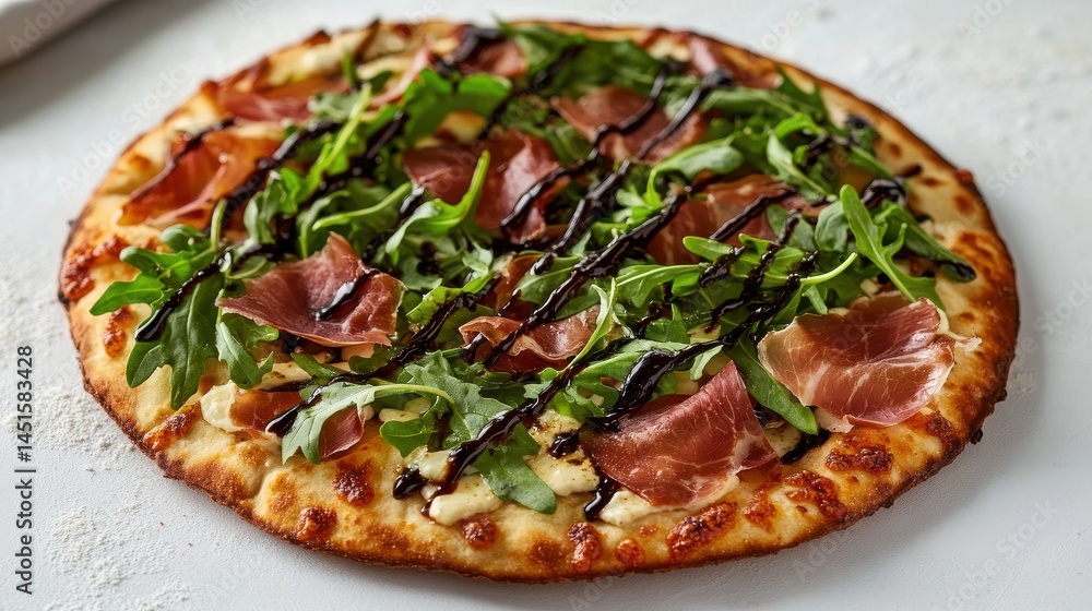 Thin crust pizza topped with prosciutto, arugula, and balsamic glaze Thin crust pizza topped with prosciutto, arugula, and balsamic glaze
