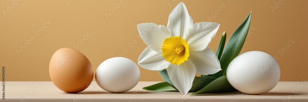 Fototapeta premium Contrasting beauty: eggs and white daffodil with green leaves on a warm minimalist background
