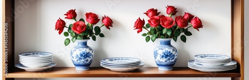 Wallpaper Mural Elegant red roses in blue and white vases on wooden shelf with delicate porcelain plates Torontodigital.ca
