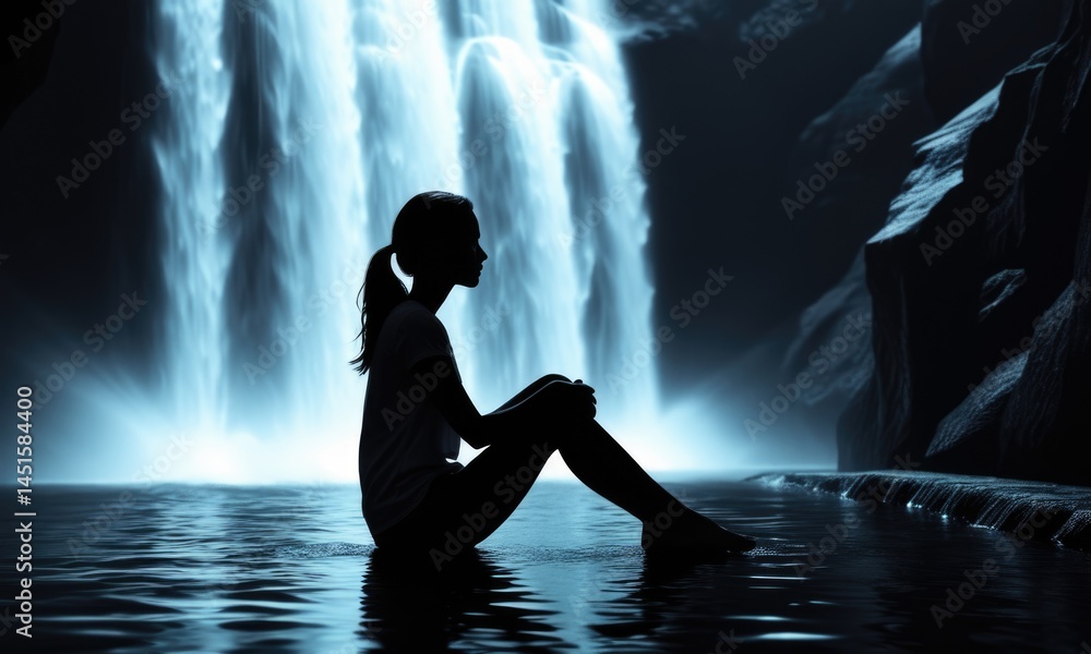 Fototapeta premium Serene silhouette of a woman by a majestic waterfall in moonlit landscape