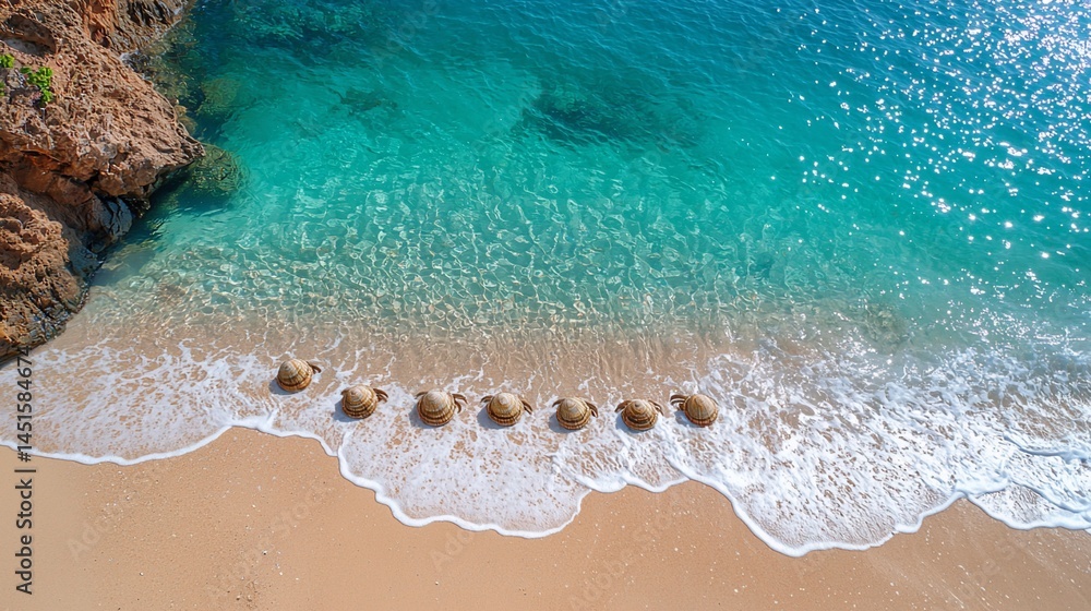 Coastal scene, tranquil beach, azure water, rocks on sand Coastal scene, tranquil beach, azure water, rocks on sand