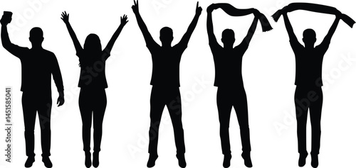 Silhouette illustration of five individuals standing in a row, each raising their arms in varied gestures, with two holding a scarf or banner, symbolizing celebration and unity
