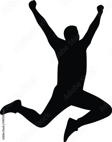 Silhouette illustration of a person mid-jump with both arms raised, representing excitement, freedom, and energy. isolated vector illustration 
