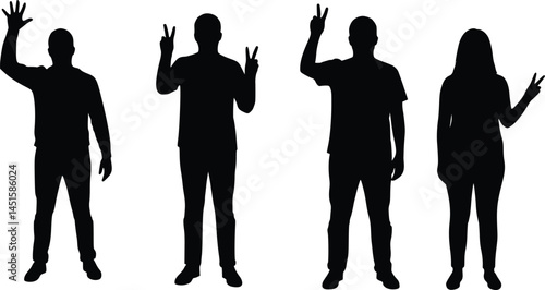 Silhouette illustration of four individuals standing side by side, each making distinct hand gestures, including open palms and peace signs, symbolizing expression and unity