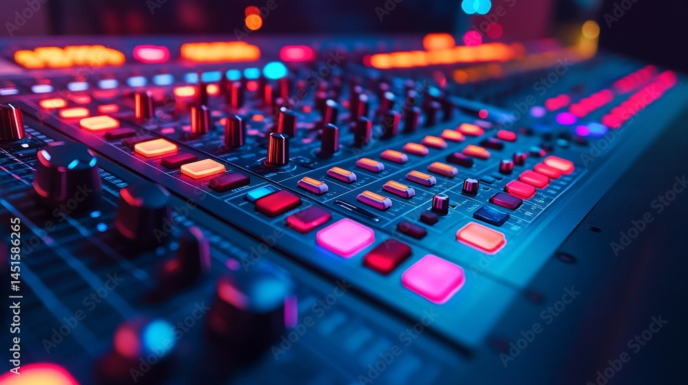 Illuminated Sound Mixer Console with Vibrant Neon Light Accents Illuminated Sound Mixer Console with Vibrant Neon Light Accents